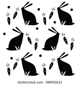 Rabbits pattern with carrots. Monochrome rabbit illustration.