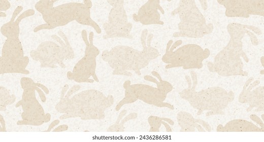 Rabbits pattern on background of japanese rice paper texture. Seamless pattern with cute Easter bunnies silhouettes. Vintage design for Chinese New Year, Korean Mid Autumn, vector illustration