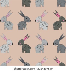 Patrón de conejos en un fondo beige. Animales cortos