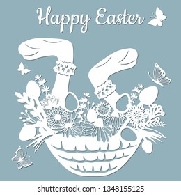 Rabbit's paws, basket, butterfly, dandelion, grass, leaves, flowers, chamomile, egg. Vector illustration. Easter eggs for Easter holidays. Paper sticker Easter egg and flowers in basket. Laser cut