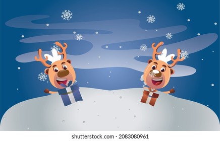 rabbits as playing with gifts in the snow during winters