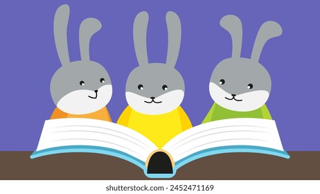 Rabbits reading a book. Vector illustration in cartoon style.