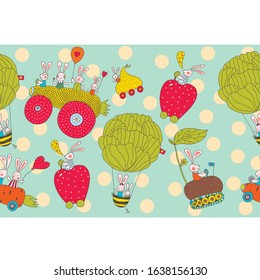 Rabbits ride on funny cars. Vector seamless horizontal border.