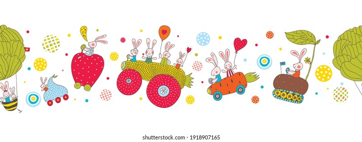 Rabbits ride on funny cars. Vector seamless horizontal border.