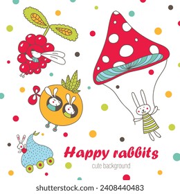 Rabbits ride on funny cars. kids postcard. Cute illustration.