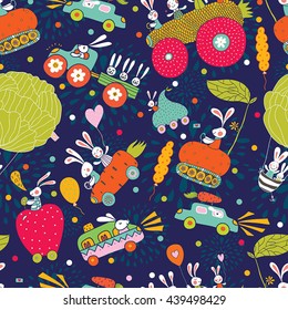 Rabbits ride on funny cars. Vector seamless pattern.