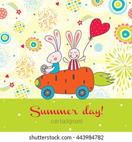 Rabbits ride on funny cars. Cute postcard.