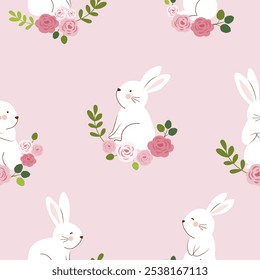 rabbits and rose branches  with leaves   seamless pattern , vector illustration