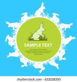 Rabbits round text, different rabbits silhouette on green background, animal for farm and ranch. Vector illustration.