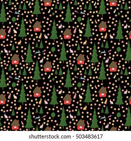 rabbits running around in the woods, the houses, Christmas trees, seamless pattern on black background