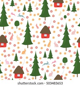 rabbits running around in the woods, the houses, Christmas trees, seamless pattern on white background