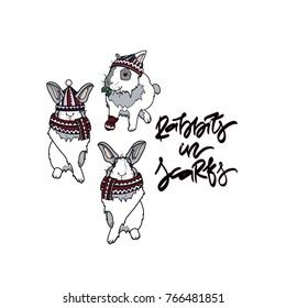 Rabbits in scarfs. Vector illustation with bunny and hand drawn caption. Typography design elements for prints, cards, posters, products packaging, branding
