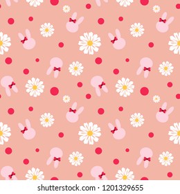 Rabbits seamless pattern with dots and white camomile flowers on pink background
