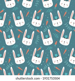 Rabbits seamless pattern. Funny hand-drawn rabbits and carrots in a simple childish style on a dark green background.
