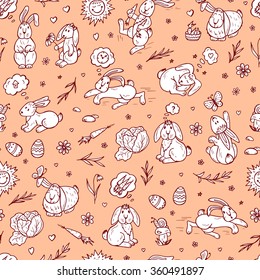 Rabbits Seamless pattern. Hand drawn doodle bunnies - vector illustration. Background for kids