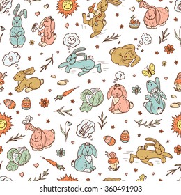 Rabbits Seamless pattern. Hand drawn doodle bunnies - vector illustration. Background for kids