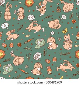 Rabbits Seamless pattern. Hand drawn doodle bunnies - vector illustration. Background for kids