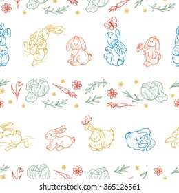 Rabbits Seamless pattern. Hand drawn doodle bunnies - vector illustration. Background for kids