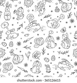 Rabbits Seamless pattern. Hand drawn doodle bunnies - vector illustration. Background for kids