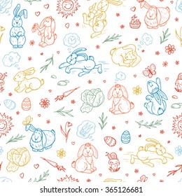 Rabbits Seamless pattern. Hand drawn doodle bunnies - vector illustration. Background for kids
