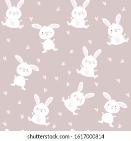 Rabbits seamless pattern. Texture with cute rabbits. Concept: holiday cards, packaging, children's clothing, interior, Easter background, Easter. Scandinavian design. Vector. EPS 10.