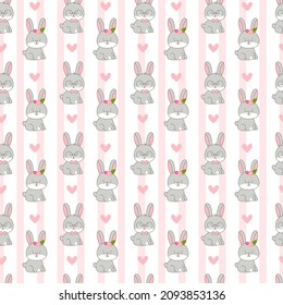 Rabbits seamless vector pattern. Cute rabbits in flat style. Pastel pink grey colours. With hearts, dots and flowers. Kids childish background with hares. Nursery funny bunny illustration for babies.
