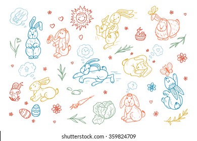 Rabbits set. Hand drawn doodle bunnies - vector illustration