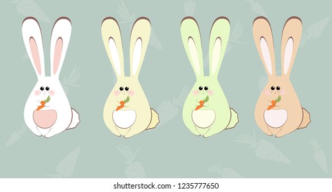 Rabbits set isolated. Funny bunny collection. Cute animal colorful pack. Little bunny with carrot. 