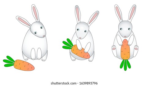 Rabbits. Set of three white bunnies with orange carrots. Cute kawaii rabbits eat carrots - stock illustration for Easter.