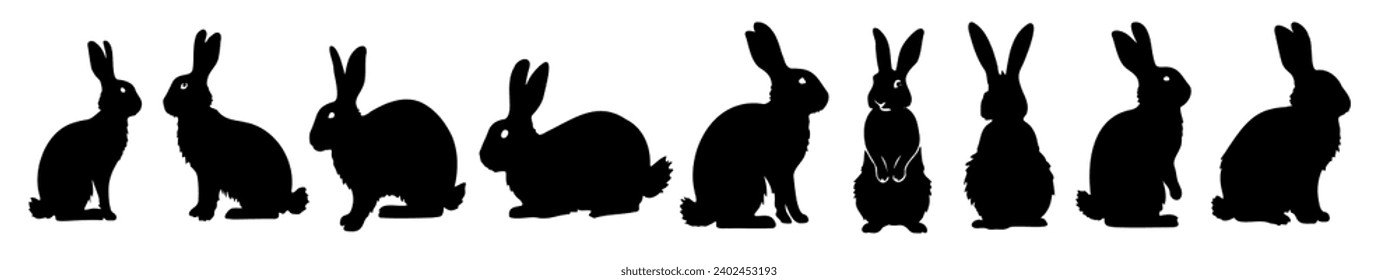 Rabbits silhouette set. Bunny symbols. Hare Farm animal icon collection vector illustration