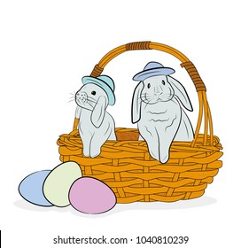 rabbits are sitting in the basket. the concept of spring and the Easter holiday. vector illustration.