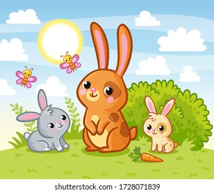 Rabbits are sitting in a green meadow. Hares eat summer marking on the grass. Vector illustration with cute animals mother and children in cartoon style.