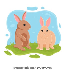 Los conejos están sentados en el césped. Ilustración para niños. Ilustración vectorial de mascota en dibujos animados de estilo plano simple.