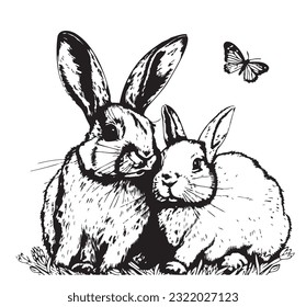 Rabbits sitting sketch hand drawn in doodle style illustration