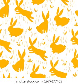 Rabbits skipping on the grass. Seamless pattern with a bunny silhouette. Endless vector illustration for wallpaper, wrapping paper, scrapbooking