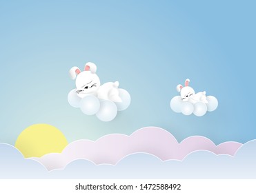 Rabbits sleeping on the clouds holiday concept, Paper layer cut, Craft vector 