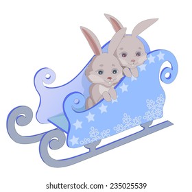 Rabbits in a sleigh, isolated illustration