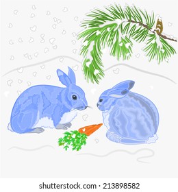 Rabbits and snow with pine branches and pine cones christmas theme vector