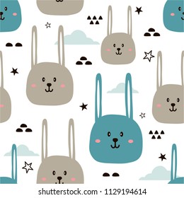 Rabbits, stars, hand drawn backdrop. Colorful seamless pattern with muzzles of animals. Decorative cute wallpaper, good for printing. Overlapping colored background vector