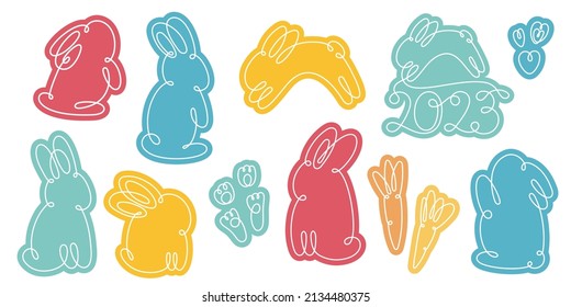 Rabbits stickers continuous line. Hand drawn cute bunny. Water rabbit symbol of the year. Vector