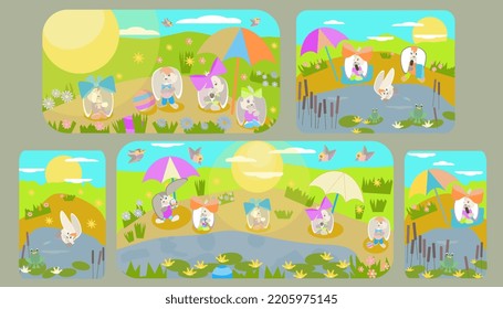 rabbits sunbathe and play under the bright sun in a clearing for children's menus, invitations,