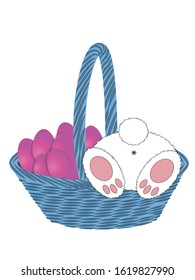 Rabbit's tail in a blue Easter basket with eggs isolated on a white background.