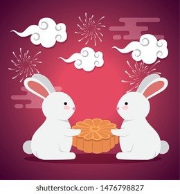 rabbits together with flower cookie and fireworks with clouds