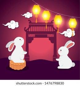 rabbits together with lanterns lighting up and clouds