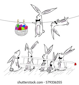 Rabbits trying to reach easter eggs with a ladder.