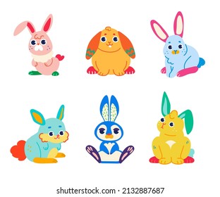 Rabbits, Vector flat illustration for wild animals, Cute, Colorful characters