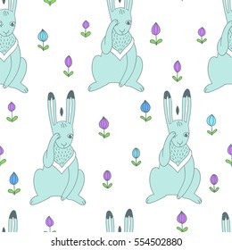 Rabbits. Vector hand drawn illustration with cute cartoon animal. Seamless pattern