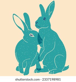 Rabbits. Vector illustration in a minimalist style with Riso print effect. Graphic element for design, print, sticker, party decoration, logo, emblem, magazine prints, journal article, t-shirt design
