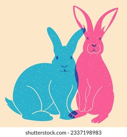 Rabbits. Vector illustration in a minimalist style with Riso print effect. Graphic element for design, print, sticker, party decoration, logo, emblem, magazine prints, journal article, t-shirt design