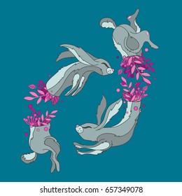 rabbits with vector pink flowers